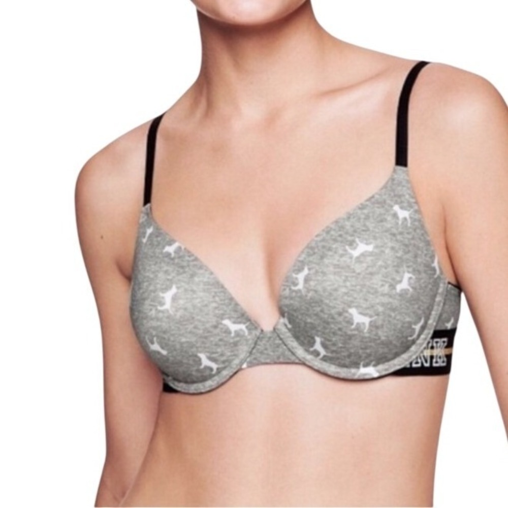 Victoria's Secret PINK Wear Everywhere Push-Up Bra 34B Grey‎ Dog Logo Logo Band
